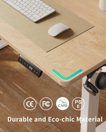 Стіл FEZIBO з регульованою висотою, цільна стільниця, 120 x 60 см, стіл з регульованою висотою та портами зарядки USB-A та USB-C, стіл для роботи сидячи та стоячи для домашнього офісу, стіл для роботи стоячи, дуб 120 x 60 см