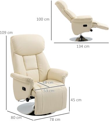 Крісло для телевізора HOMCOM з функцією відкидання, обертове крісло для телевізора з регульованою спинкою, м&39яке крісло-реклайнер, витримує вагу до 150 кг, штучна шкіра, для вітальні, кремово-білий колір