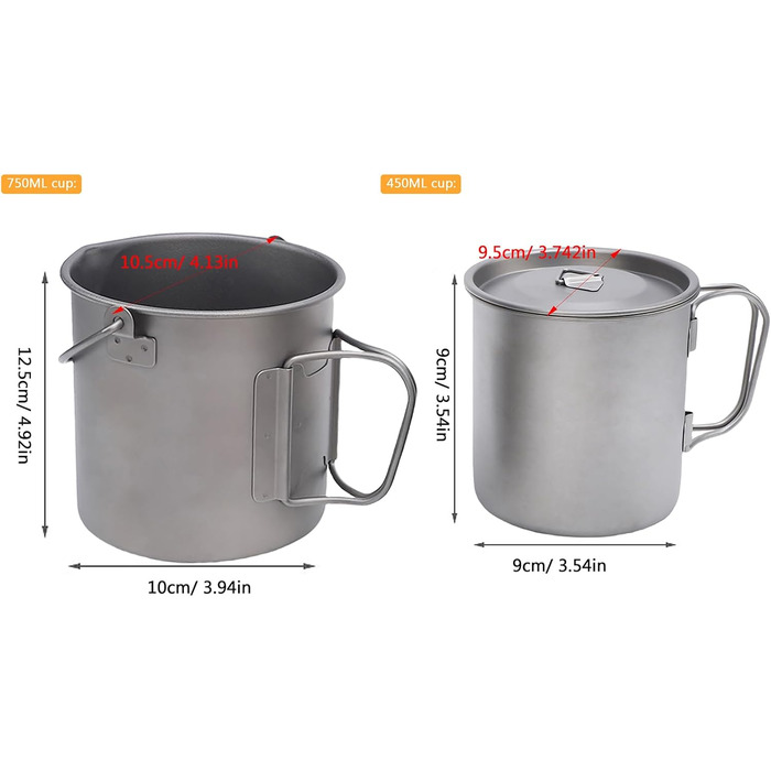 Набір з 2 титанових кухлів легка титанова чашка для кемпінгу на природі зі складною ручкою, місткістю 450 мл та 750 мл для пригод на природі, походів та подорожей