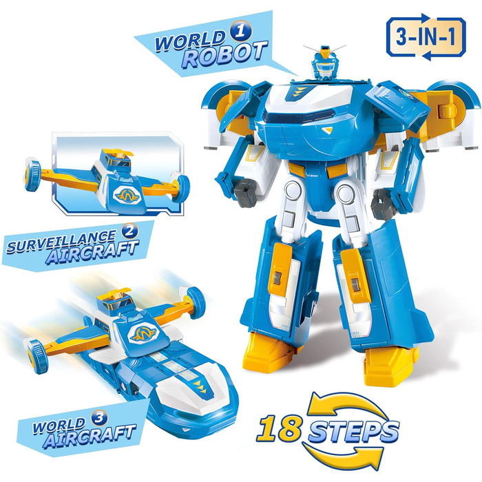 Робот-трансформер Super Wings 3-в-1 Світовий літак-трансформер зі світловими та звуковими ефектами, з реактивним літаком-трансформером 2'', іграшка-трансформер для хлопчиків та дівчаток віком від 3 років і старше