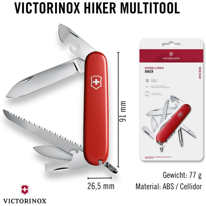 Швейцарський армійський ніж Victorinox Hiker, мультитул, 13 функцій, лезо, консервний ніж, викрутка (одинарна)