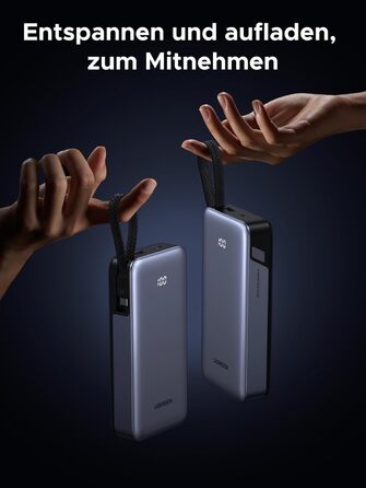 Зовнішній акумулятор UGREEN Power Bank, швидка зарядка 20000 мАг 45 Вт з вбудованим кабелем USB-C та двонаправленою зарядкою 45 Вт, сумісний з Galaxy S25 Ultra/S25, iPhone 17/16 серії, iPad, ноутбуком та іншими пристроями