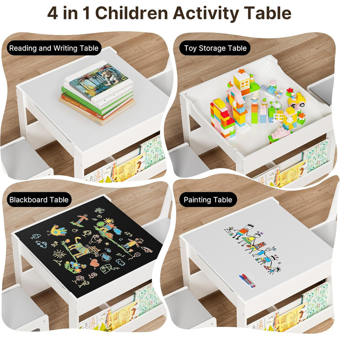 Дитячий стіл Xbro з 2 стільцями, дитячий стіл для малювання 4-в-1 з місцем для зберігання, багатофункціональний дерев&39яний дитячий комплект сидіння з книжковою полицею, для дітей віком від 3 років, 61,5 61,5 48 см, сірий