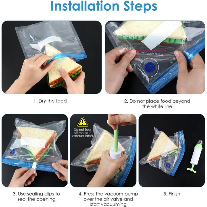 Вакуумних пакетів для їжі з клапанною блискавкою Пакети Sous Vide з вакуумними пакетами Pump 3 розміри 5 ущільнювальних затискачів і 4 затискачі Sous Vide для зберігання продуктів, 15