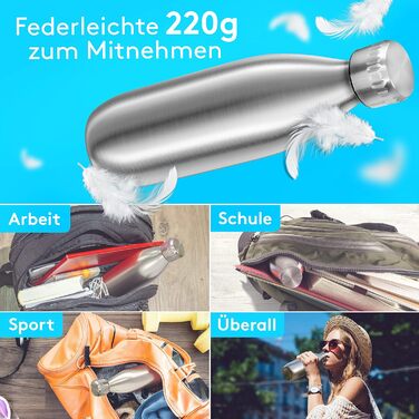 Преміальна пляшка з нержавіючої сталі 1 л дуже велика сумісна з SodaStream Duo - Безпечна для вуглекислого газу - Можна мити в посудомийній машині - Пляшка для пиття з нержавіючої сталі