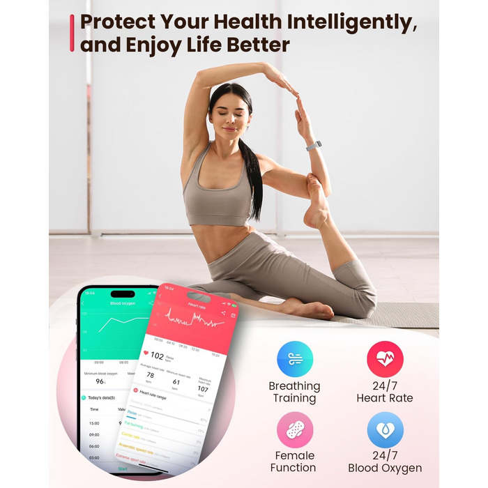Жіночий смарт-годинник Sanorum, фітнес-годинник 1,47 дюйма з пульсометром, монітором сну SpO2, 24 спортивні режими, трекером активності, повідомленнями/WhatsApp, відстеженням менструального циклу, крокоміром, водонепроникним IP68, сумісним з Android та iO