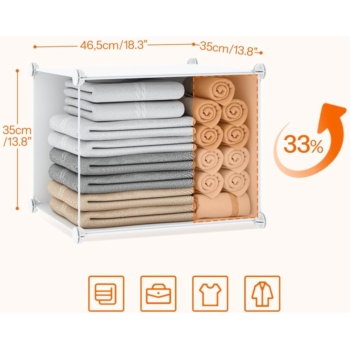 Шафа, Шафа для одягу, Модульна пластикова шафа з 20 кубами, Вставна система полиць з дверима та рейкою для одягу, 2 ряди гачків, 145 x 46,5 x 183 см, Білий EWT45LY01N1