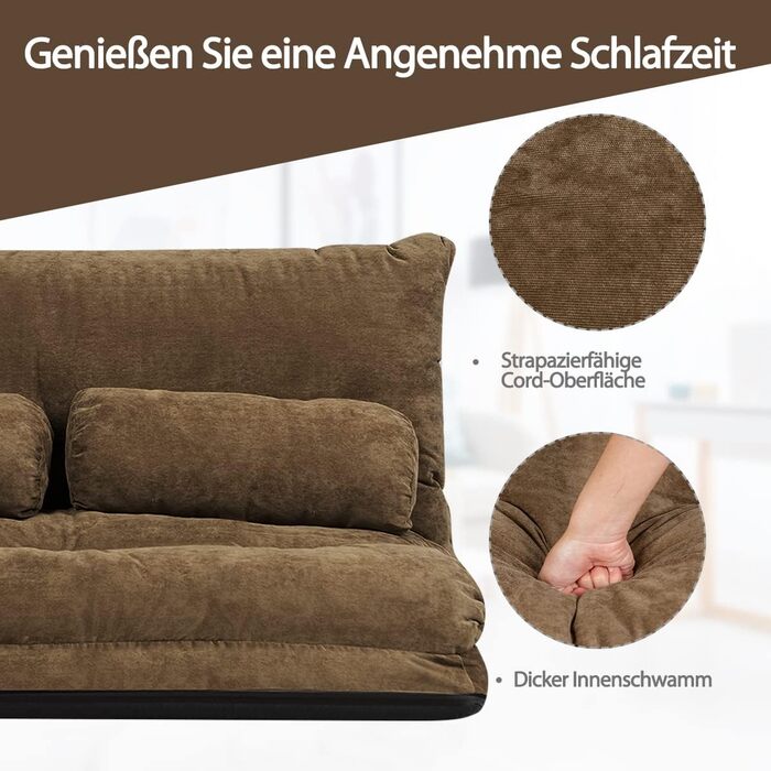 Розкладний диван-ліжко COSTWAY, розкладний, регульоване крісло з 6 положеннями, сидіння з 2 подушками, подушка на сидіння зі спинкою, м&39який розкладний диван-ліжко для спальні-вітальні (коричневий)