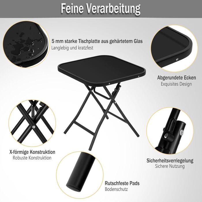Складаний стіл eSituro, складний бічний столик, балконний стіл, кемпінговий стіл, садовий стіл, бістро-стіл, з металевим каркасом, прямокутна стільниця із загартованого скла, 46x46x48 см, чорний