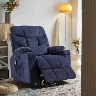 Електричне підйомне крісло, крісло-реклайнер з вібраційним масажем та функцією підігріву, зручне для людей похилого віку крісло для телевізора з безступінчастим регулюванням, пульт дистанційного керування, порт USB та Type-C, 3 положення (синє)