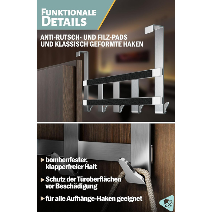 Вішалка для верхнього одягу Menz Premium, 5 гачків - Вішалка для верхнього одягу з нержавіючої сталі, надзвичайно міцні дверні гач