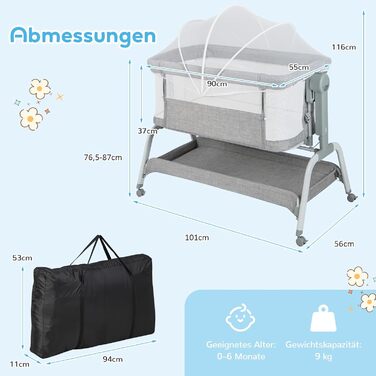 Дитяче ліжечко DREAMADE 3 в 1, дорожнє ліжечко 90 55 см з матрацом, москітною сіткою та 4 колесами, 6-рівнева регульована висота колиска з функцією відкидання, дитяча колиска для немовлят 0-6 місяців (сіра)