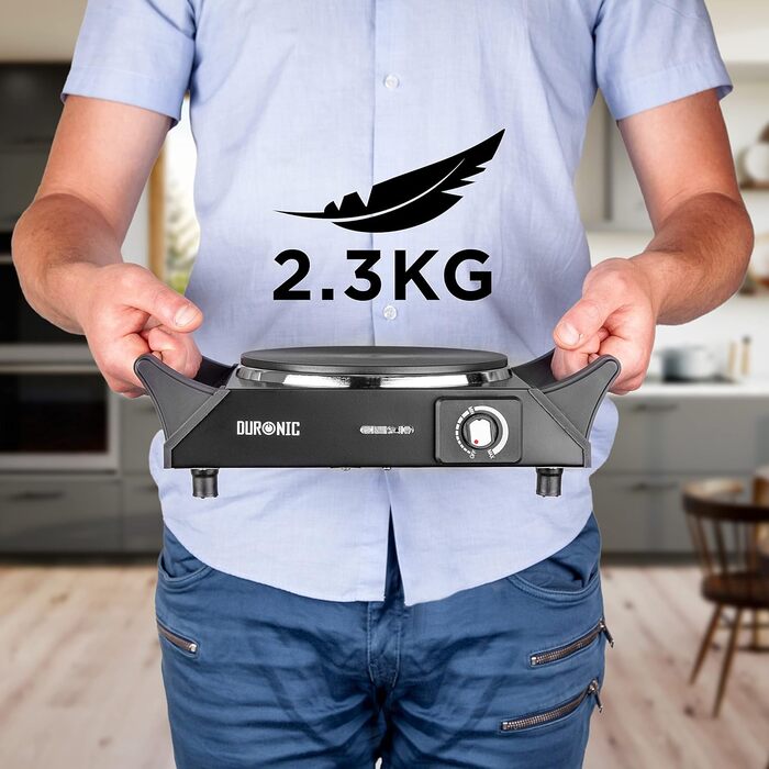 Електрична кемпінгова плита Duronic HP1 BK, 1500 Вт, портативна, виготовлена зі сталі з 1 електричною чавунною плитою, ручки для перенесення, регульована температура, зовнішня варильна поверхня