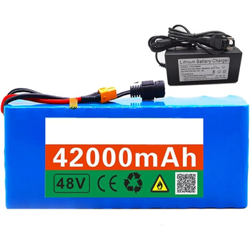 Літій-іонний водонепроникний ПВХ акумулятор для електричного велосипеда, заміна акумулятора 48V 42AH для двигуна електричного велосипеда-скутера потужністю 200W 250W 350W, вбудована система управління двигуном (BMS) із зарядним пристроєм 42V 2A, роз&39єм 