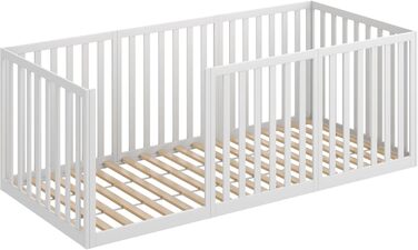 Дитяче ліжко CADANI Teso 90x200 см Ліжко-ліжко Монтессорі з дверцятами та захистом від падіння, 6 варіантів складання, масив сосни білого кольору, можна використовувати як манеж, вкл. рейкову основу 90 x 200 см білого кольору з дверцятами