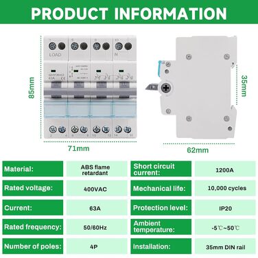 Ручний вимикач подвійного живлення AC 400V з індикатором живлення, монтаж на DIN-рейку. 4P-63A-400V, 4P 63A
