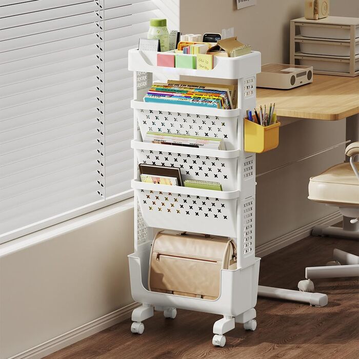 Мобільна книжкова полиця на колесах, органайзер для журналів/книг, візок для зберігання книг, 5-ярусна книжкова полиця на колесах для спальні, офісу та школи (біла)