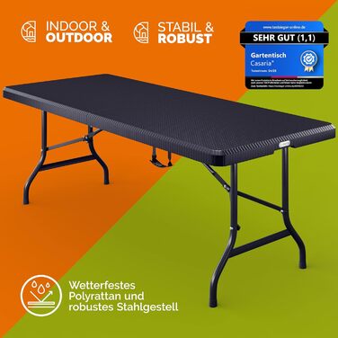 Складаний садовий стіл Casaria, кемпінговий стіл з поліратангу, 180x75 см, водонепроникний, ручка для перенесення, складний стіл, пластиковий стіл, садовий, балконний, кемпінговий, фуршетний стіл, чорний, вигляд чорного ротанга
