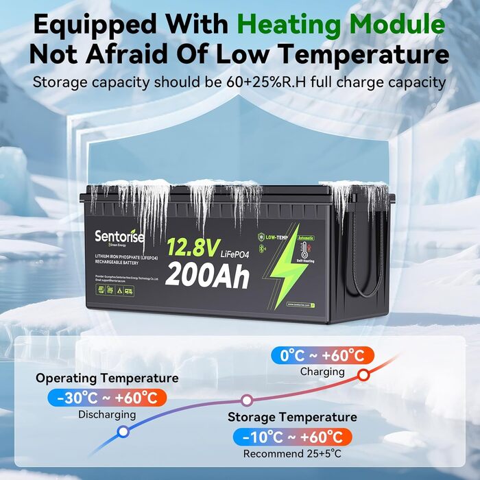 Літій-іонний акумулятор 12V 200Ah LiFePO4 з Bluetooth-моніторингом, самонагріванням, захистом від перегріву та акумуляторами BMS 200A для автофургонів, кемпінгів, сонячних панелей, гольф-карів та домашніх автономних систем 12200-BT-Heat
