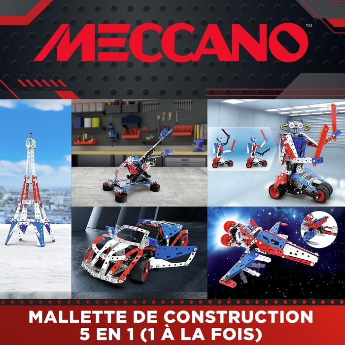 Конструктор BANDAI Meccano Baukoffer 5-в-1 транспорт, роботи, Ейфелева вежа 437 деталей, інструменти та інструкція, ігровий набір для дітей від 10 років, APM20106