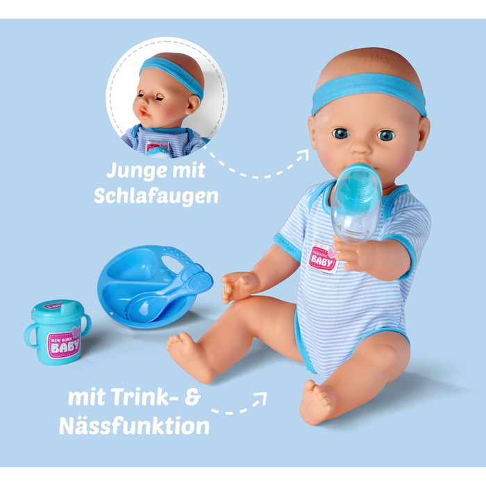 Повна вінілова лялька зі сплячими очима, функцією пиття та вологості та аксесуарами, 8 частин, 43 см, Baby Doll, від 3 років, 1050