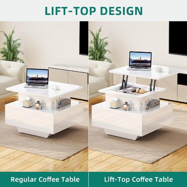 Журнальний столик з регульованою висотою та світлодіодним освітленням, сучасний, 60x60x45 см, глянцевий стіл для вітальні з відкритою полицею та 2 шухлядами, білий