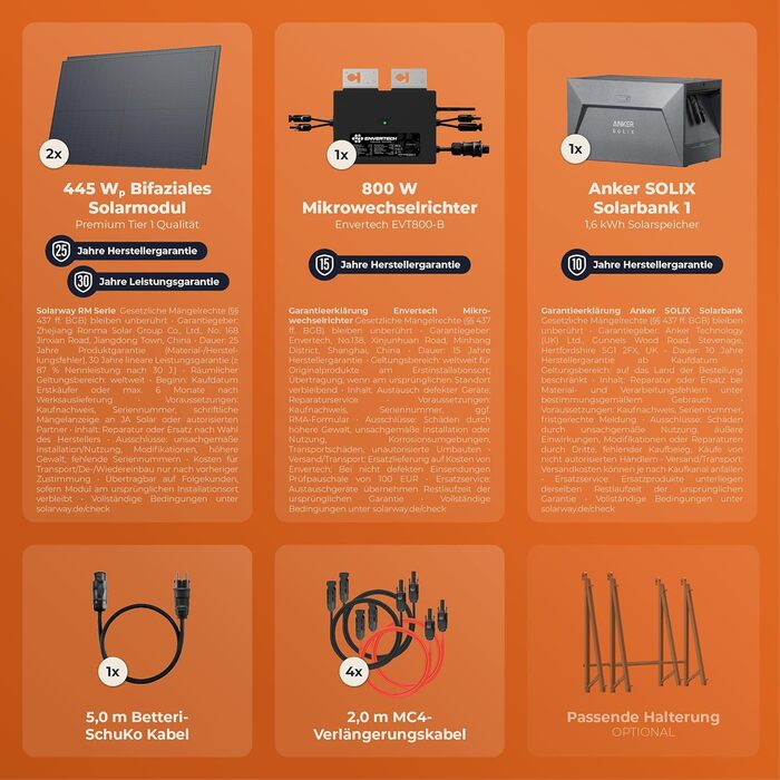 Балконна електростанція Solarway потужністю 890 Вт з накопичувачем 800 Вт, у комплекті з розеткою - Найновіший інвертор 800 Вт - 1,6 кВтгод. Двосторонні сонячні панелі Anker SOLIX 1-445 Вт, Envertech та Anker.