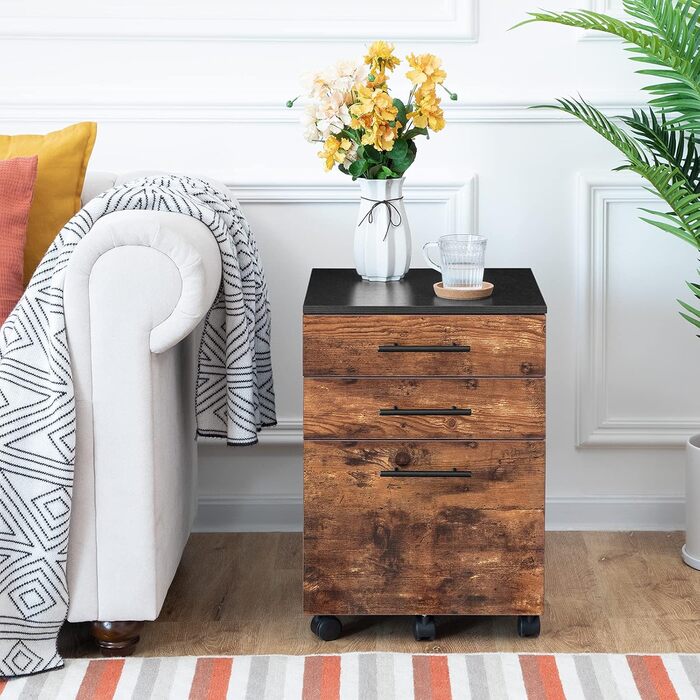 Шафа для файлів HOOBRO на колесах, шафа для документів на колесах з 3 шухлядами, мобільна офісна шафа з підвісними відділеннями для файлів, офісна, темно-коричневий та чорний EBF02WJ01G1 темно-коричневий, чорний