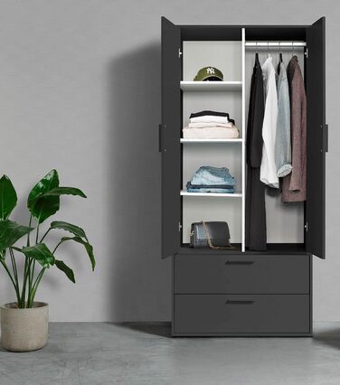 Шафа mokebo Герой одягу (80x180x51 см) з 2 шухлядами та 4 відділеннями, шафа, шафа для передпокою або комора для спальні чи гардеробної з дерева чорного антрацитового кольору, ширина 80 см З вішаком для одягу та відділеннями