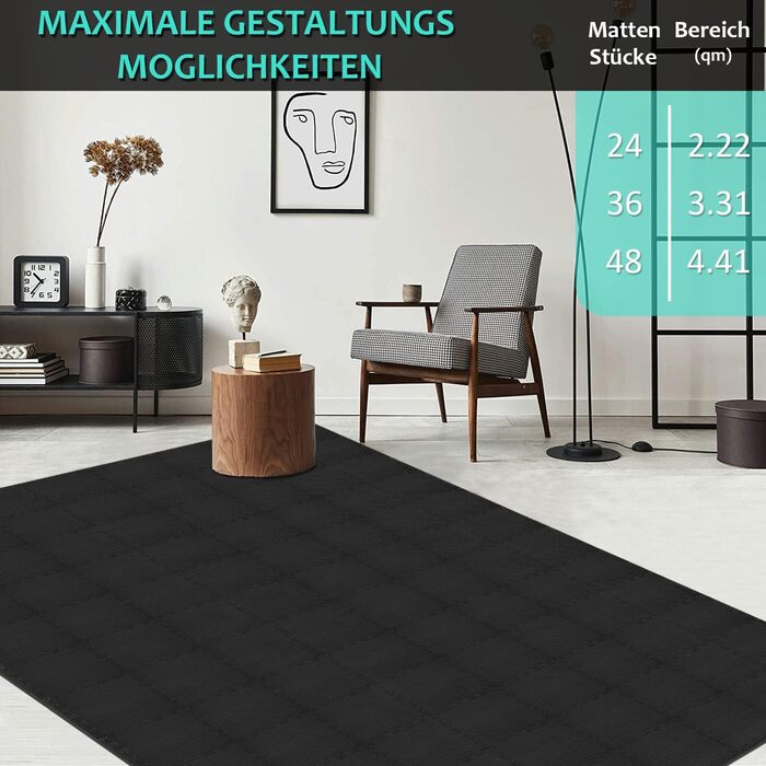 Захисний килимок для підлоги для фітнесу 331 см, килимок-головоломка 24/36/48, спортивний килимок з EVA, нековзний, килимок для підлоги для тренажерного залу та фітнес-обладнання 3,31 кв.м./36 килимків - чорний