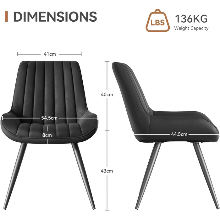Сучасний м&39який обідній стілець - Надзвичайно товста подушка сидіння, обідні стільці зі штучної тканини, кухонні стільці, м&39які стільці, стільці для вітальні, крісла зі спинкою, металеві ніжки (Чорний, Комплект з 2 шт.) Комплект з 2 чорних