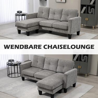 Кутовий диван HOMCOM, кутовий диван з двостороннім шезлонгом, L-подібний диван, м&39який кутовий диван з пружинним каркасом, сталевий каркас, колір шеніл, 186 x 130 x 84 см, сірувато-коричнева тканина кольору шеніл