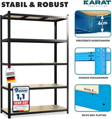 Потужний стелаж KARAT, комплект з 2 шт., 180 x 90 x 40 см, безболтовий стелаж, підвальний стелаж, стелаж для зберігання - 5 регульованих полиць (чорний) 40 x 90 x 180 см Чорний