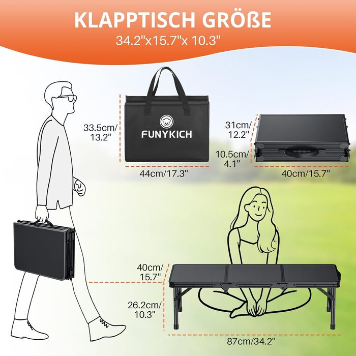 Складаний кемпінговий стіл FUNYKICH 3 фути 87x40x26 см, маленький складний стіл з сумкою для перенесення, портативний складний стіл з алюмінію, багатофункціональний стіл з панелі МДФ для пікніка, кемпінгу, пляжу, балкону, чорний