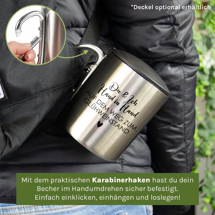 Моменти, проведені рука в руці біля кіоску з глінтвейном Чашка з нержавіючої сталі з карабіном Ідея подарунка 330 мл Чашка Для кемпінгу Ключки Срібна без кришки