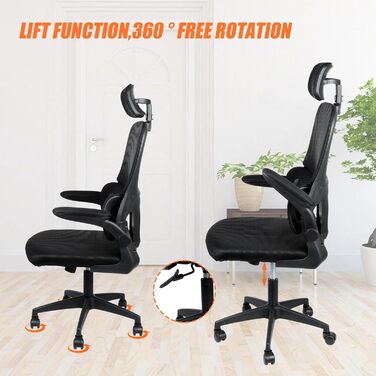 Ергономічне офісне крісло OHMG, офісне крісло з сітчастої тканини, поперекова опора та сидіння з регульованим кутом нахилу, підголівник, регульовані підлокітники, поворотні колеса на 360, вантажопідйомність 200 кг (чорне, 125 x 65,5 x 64 см) Чорний - 125 