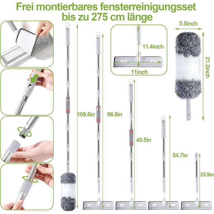 Склоочисник 4 в 1 від 30 до 275 см, телескопічний засіб для миття вікон з пір'ям Duster, 4 накладки з мікрофібри, засіб для миття вікон з обертанням на 360, засіб для миття вікон з телескопічною ручкою для високих внутрішніх і зовнішніх вікон