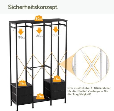 Відкрита шафа, вішалка для одягу, вішалка для пальто з 4 шухлядами, міцна вішалка для одягу, для спальні, вітальні, передпокою, чорна