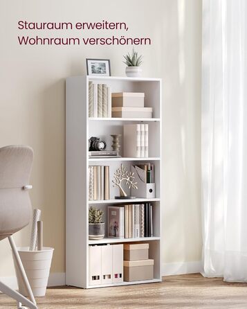 Рівнева книжкова полиця VASAGLE, окремостояча полиця, полиця для зберігання, регульовані полиці, для вітальні, домашнього офісу, спальні, хмарно-білий LBC165T14 білий, 5 рівнів (60Д x 134,2В см), 5-