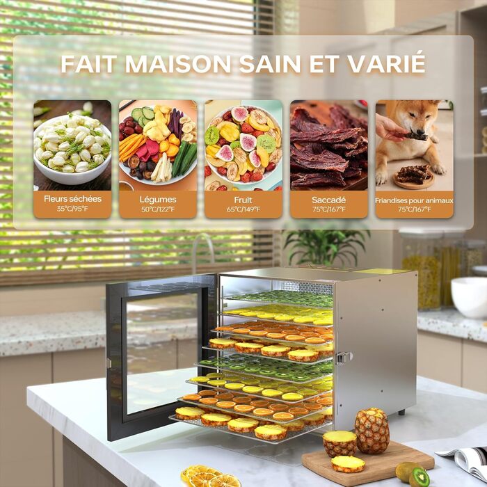Дегідратор з нержавіючої сталі 8 лотків дегідратора з нержавіючої сталі Дегідратор 35C - 90C Дегідратор Сушарка для їжі 700 Вт з таймером на 24 години