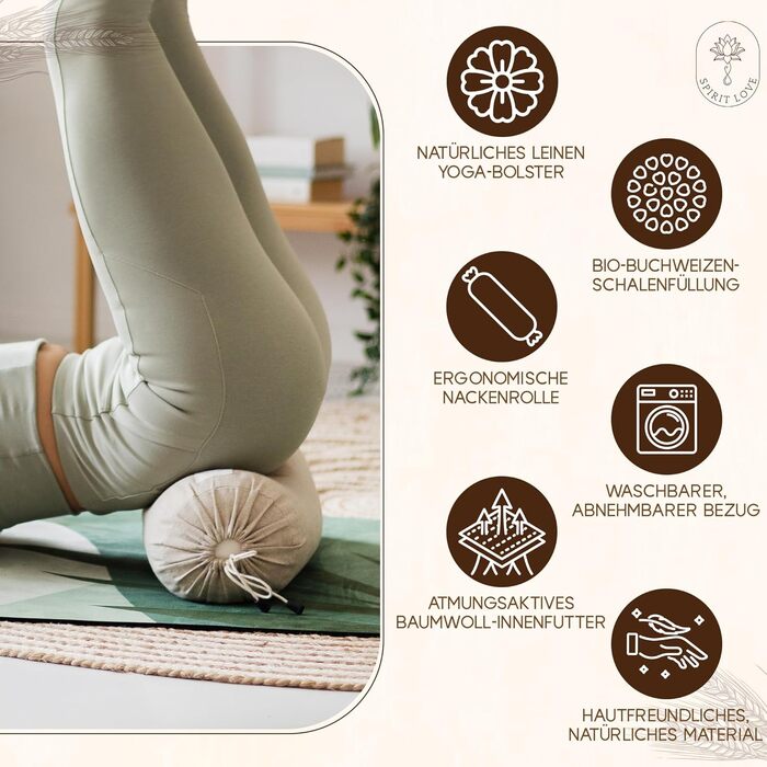 Льняний валик для йоги Spirit Love Круглий валик для йоги з органічною гречаною лушпинням Валик для шиї з чохлом, який можна прати Ідеально підходить як подушка для шиї 100 натуральний лляний круглий валик, безпечний для шкіри - 40x14 см
