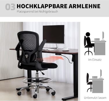 Офісний стілець HOMCOM Ергономічне робоче крісло з відкидними підлокітниками, регульованим кільцем для ніг та 4D поперековою опорою, регульоване за висотою поворотне крісло для малювання з сітчастою тканиною, чорний колір