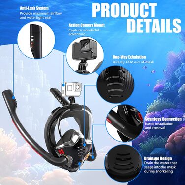 Маска для сноркелінгу для дорослих, повнолицьова маска, маска для дайвінгу для дорослих - повнолицьова маска для дайвінгу, повнолицьова маска для сноркелінгу з захистом від запотівання та сухого верху розміру S/M