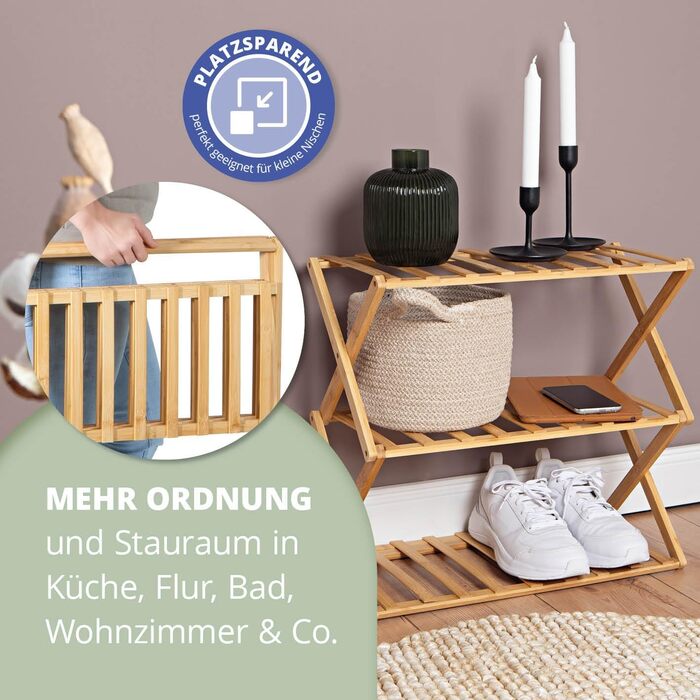 Бамбукова полиця Lumaland, 3 яруси, складна Бамбуковий органайзер ідеально підходить як полиця для взуття, у ванній кімнаті та на кухні Полиця для декоративних предметів компактна та не потребує складання 50 x 25 x 46 см, 3 яруси (50 x 25 x 46 см)