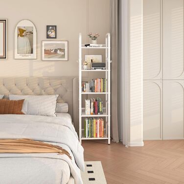 Окремостояча полиця, книжкова полиця, полиця для зберігання з 5 рівнями, 8 S-подібних гачків, металевий каркас, мінімалістичний стиль, органайзер для вітальні, домашнього офісу, спальні, ванної кімнати, білий HBC055W 146 см білий