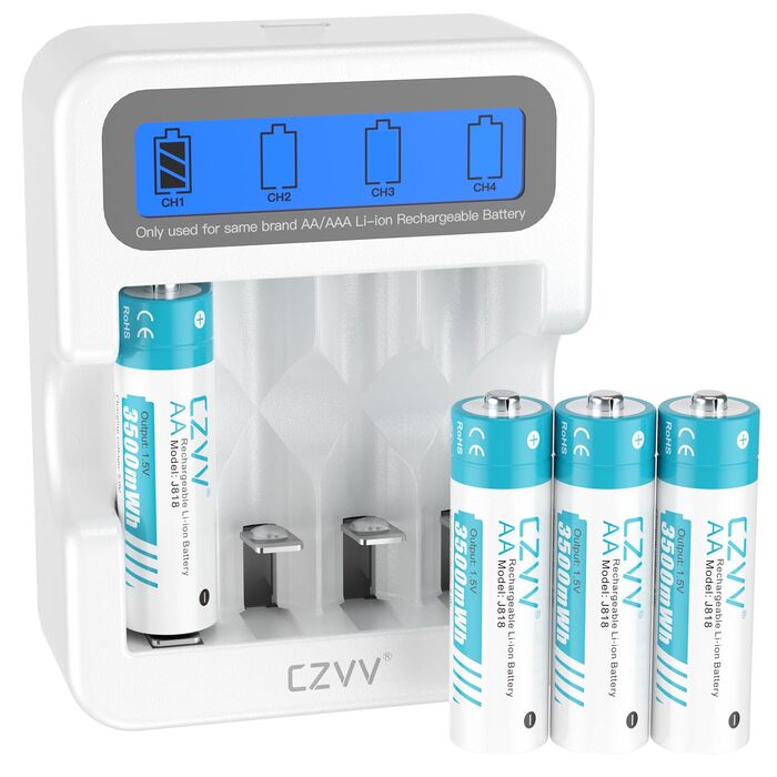 Акумуляторні літієві батарейки AAA 1,5 В - 4 батарейки високої ємності 1100 мВтгод з РК-дисплеєм, надшвидка зарядка 2 години - тривалий термін служби 10 років, 1300 циклів зарядки для іграшок, бритв тощо - в комплекті 4 батарейки зарядний пристрій з білим
