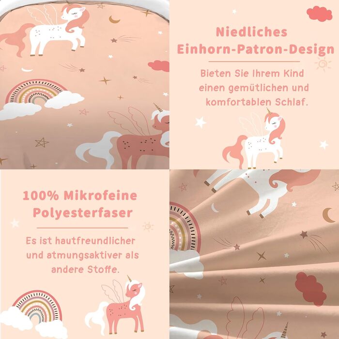 Постільна білизна HOM Unicorn 135x200 для дівчаток - рожева райдужна постільна білизна для дітей - з наволочкою 80x80см 2 шт. Одно