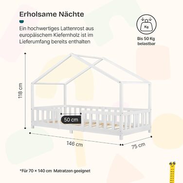 Дитяче ліжко Treviolo House 70 x 140 см, дерев&39яне, з поручнями, каркас ліжка Монтессорі з рейковою основою, соснове дерево, біле, 70 x 140 см