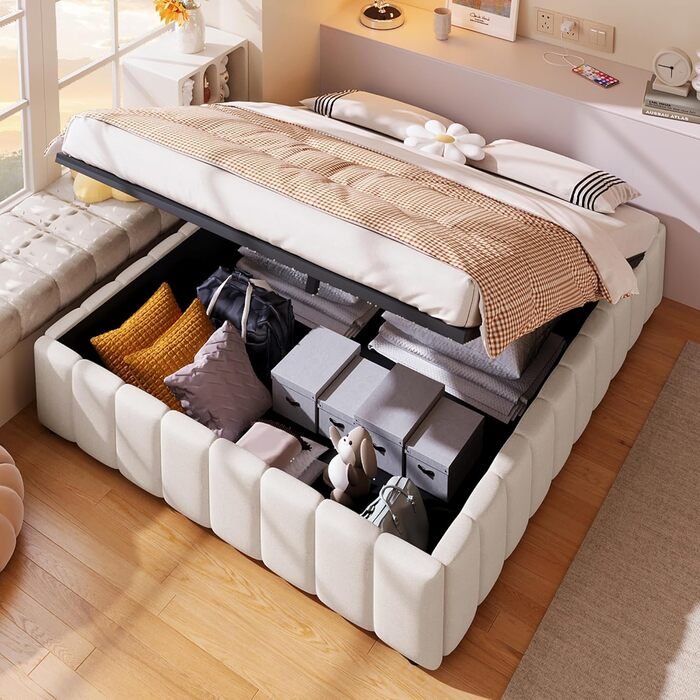 М&39яке ліжко 140x200, двоспальне ліжко з місцем для зберігання та рейковим каркасом, без узголів&39я, каркас ліжка з гідравлічною шухлядою для зберігання, гідравлічне ліжко, ліжка з місцем для зберігання, каркас ліжка, дитяче ліжко, лляне, без матраца, б