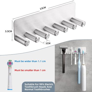 Тримач для електричної зубної щітки OETAMS без свердління, настінний тримач для зубної щітки на 6 насадок для електричних щіток, тримач для зубної щітки з нержавіючої сталі, самоклеючий тримач для головки зубної щітки, срібний